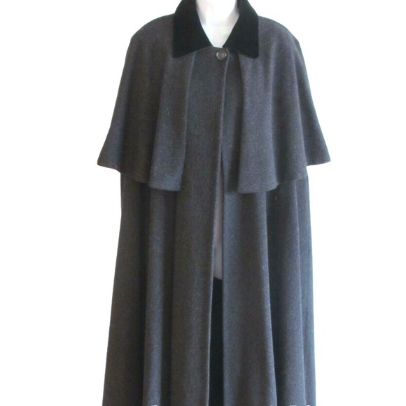 Designer Dario Italy Grey/Black Velvet Collar 100% Wool Long Cape Size M/L - Picture 1 of 11